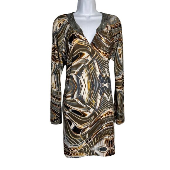 Custo Barcelona Size 2  Small v-neck dress pyramid studs wild print  long sleeve - Picture 9 of 9